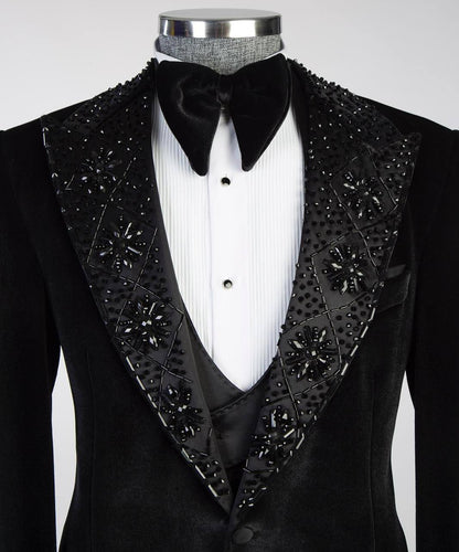 Men's Black Velvet Tuxedo, Gem Stoned on Collar