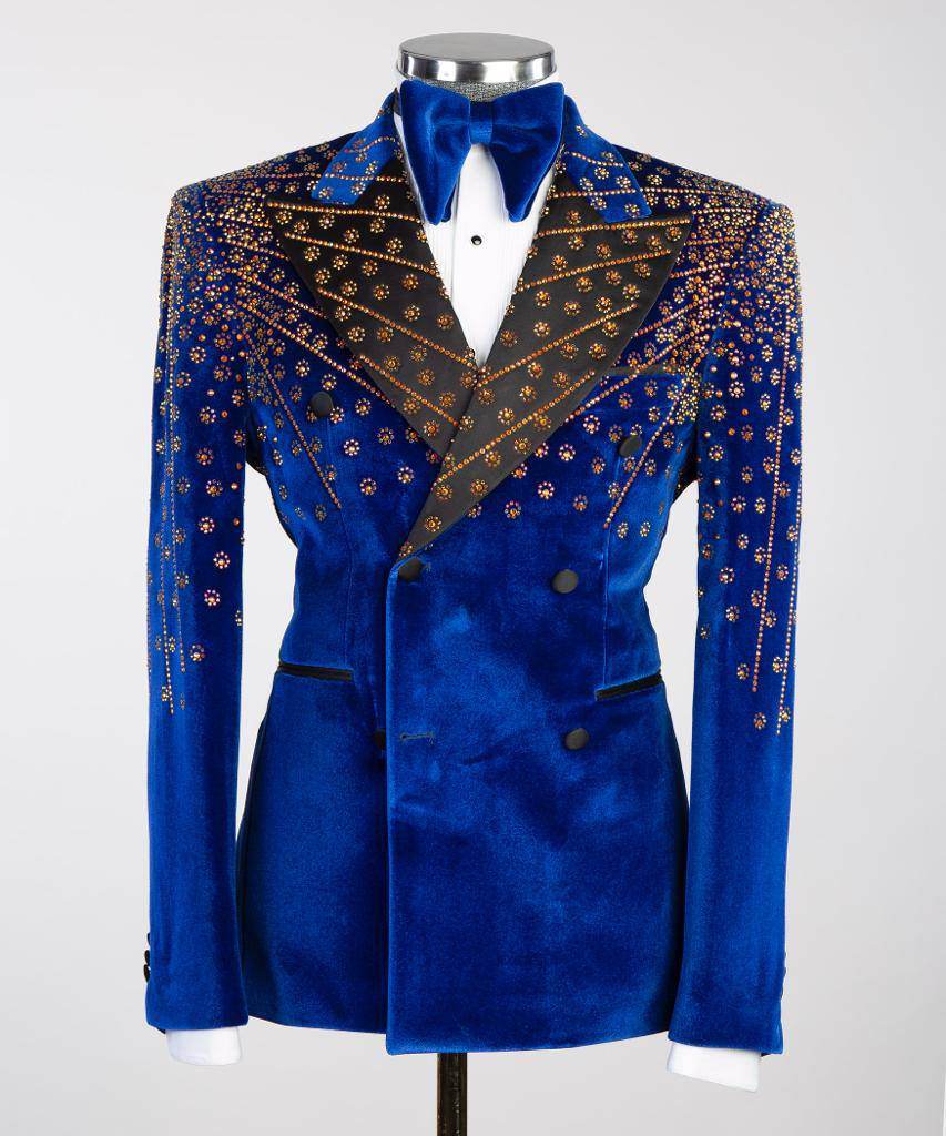 Blue Velvet Tuxedo, Gold Rhinestone, Double-Breasted - SevendayShopping