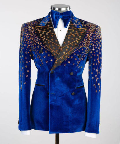 Blue Velvet Tuxedo, Gold Rhinestone, Double-Breasted - SevendayShopping