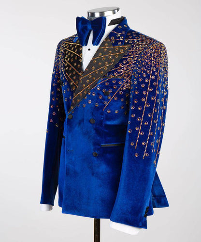Blue Velvet Tuxedo, Gold Rhinestone, Double-Breasted - SevendayShopping