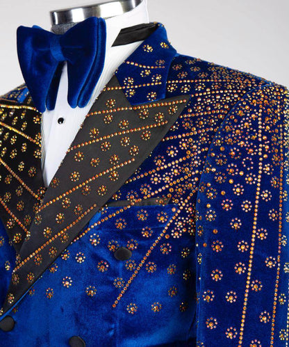 Blue Velvet Tuxedo, Gold Rhinestone, Double-Breasted - SevendayShopping