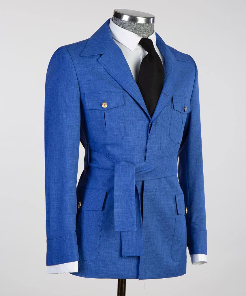 Men's 2 Piece Suit, Blue, Belted Design, Costume, Blazer with Pockets