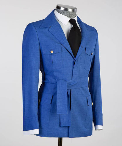 Men's 2 Piece Suit, Blue, Belted Design, Costume, Blazer with Pockets