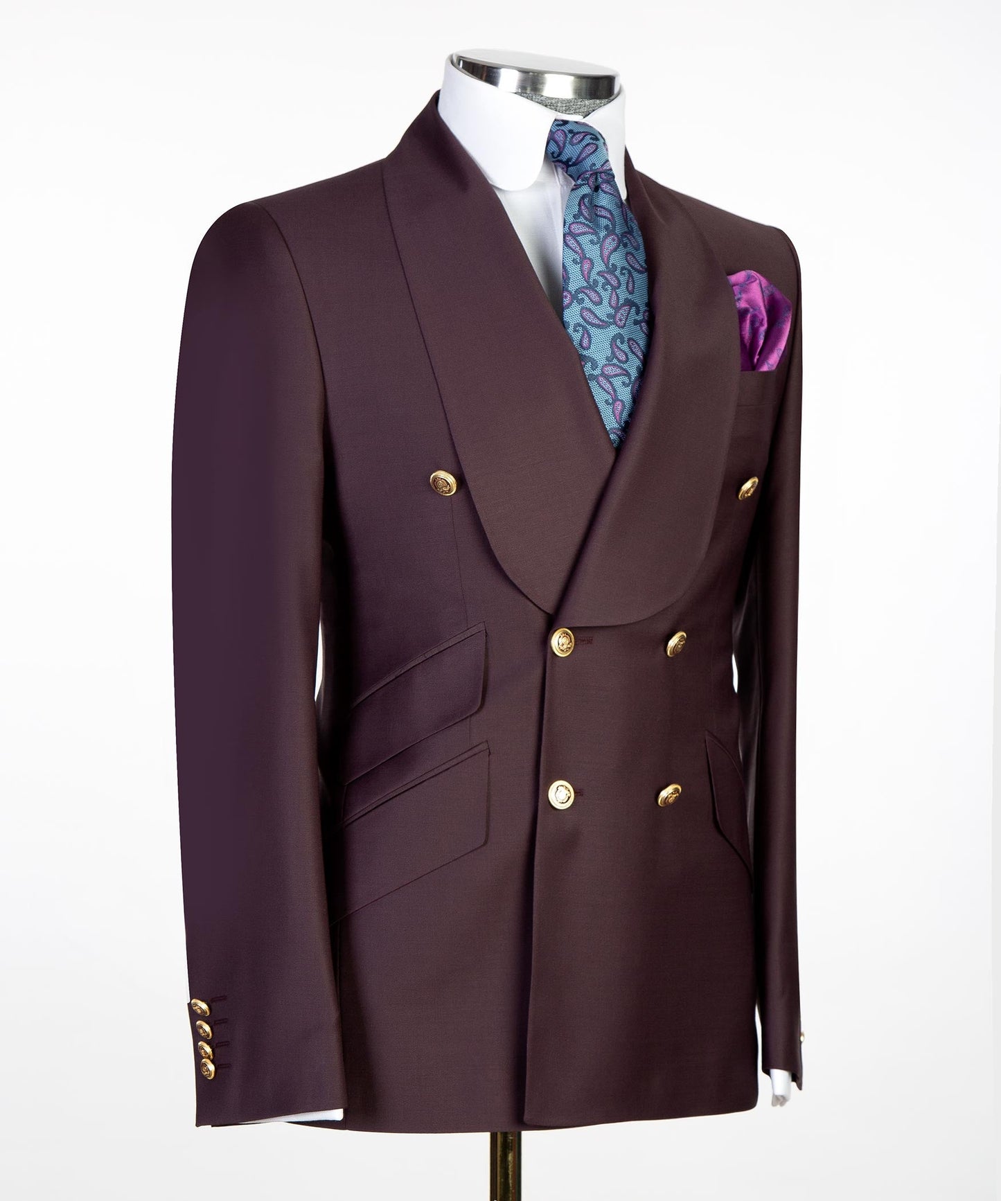Men's 2 Piece Double Breasted Purple Brown Tuxedo Suit Shawl Lapel