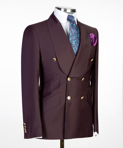Men's 2 Piece Double Breasted Purple Brown Tuxedo Suit Shawl Lapel