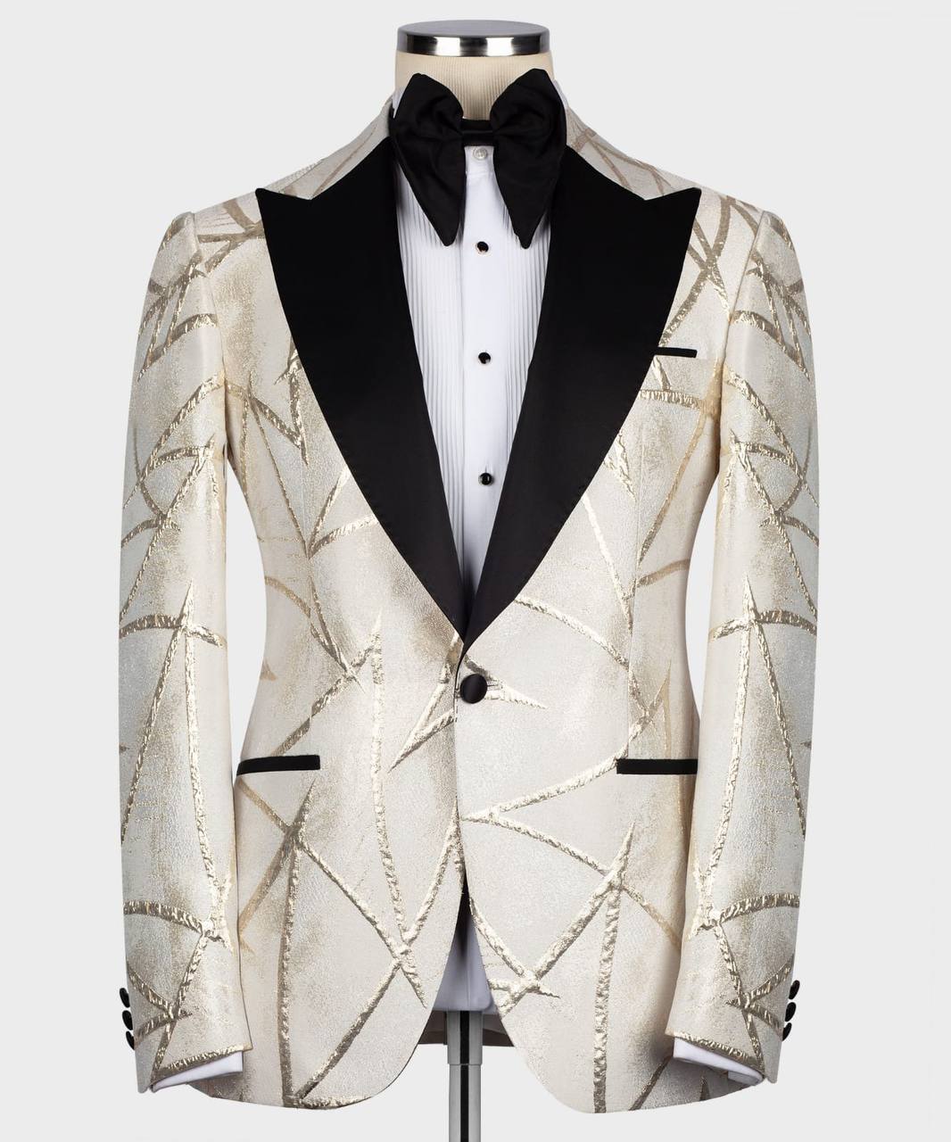 Men's Tuxedo -Cream -Golden Pattern with Black Collar