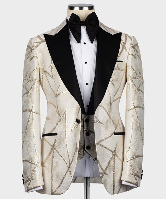 Men's Tuxedo -Cream -Golden Pattern with Black Collar