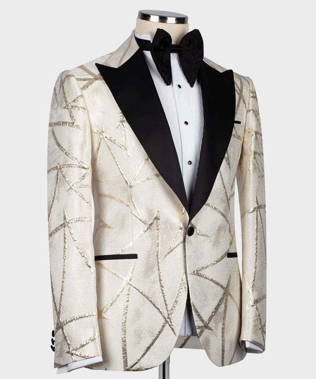 Men's Tuxedo -Cream -Golden Pattern with Black Collar