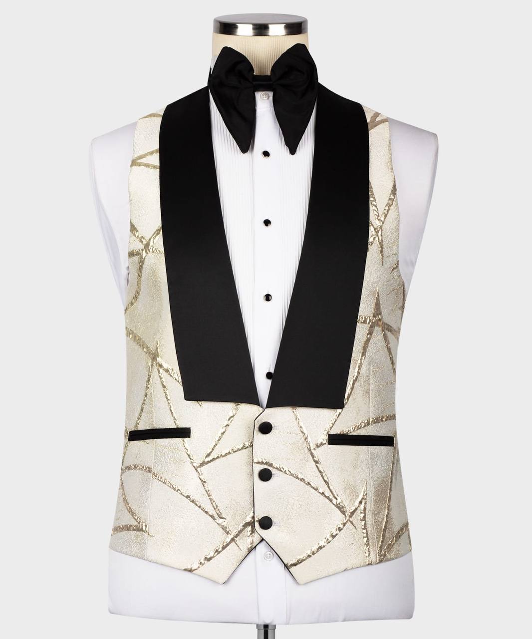 Men's Tuxedo -Cream -Golden Pattern with Black Collar