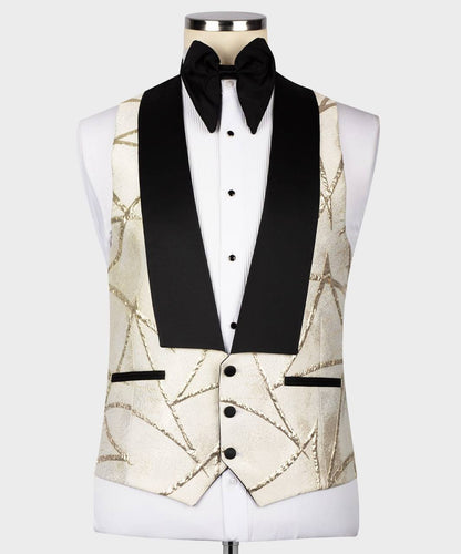 Men's Tuxedo -Cream -Golden Pattern with Black Collar