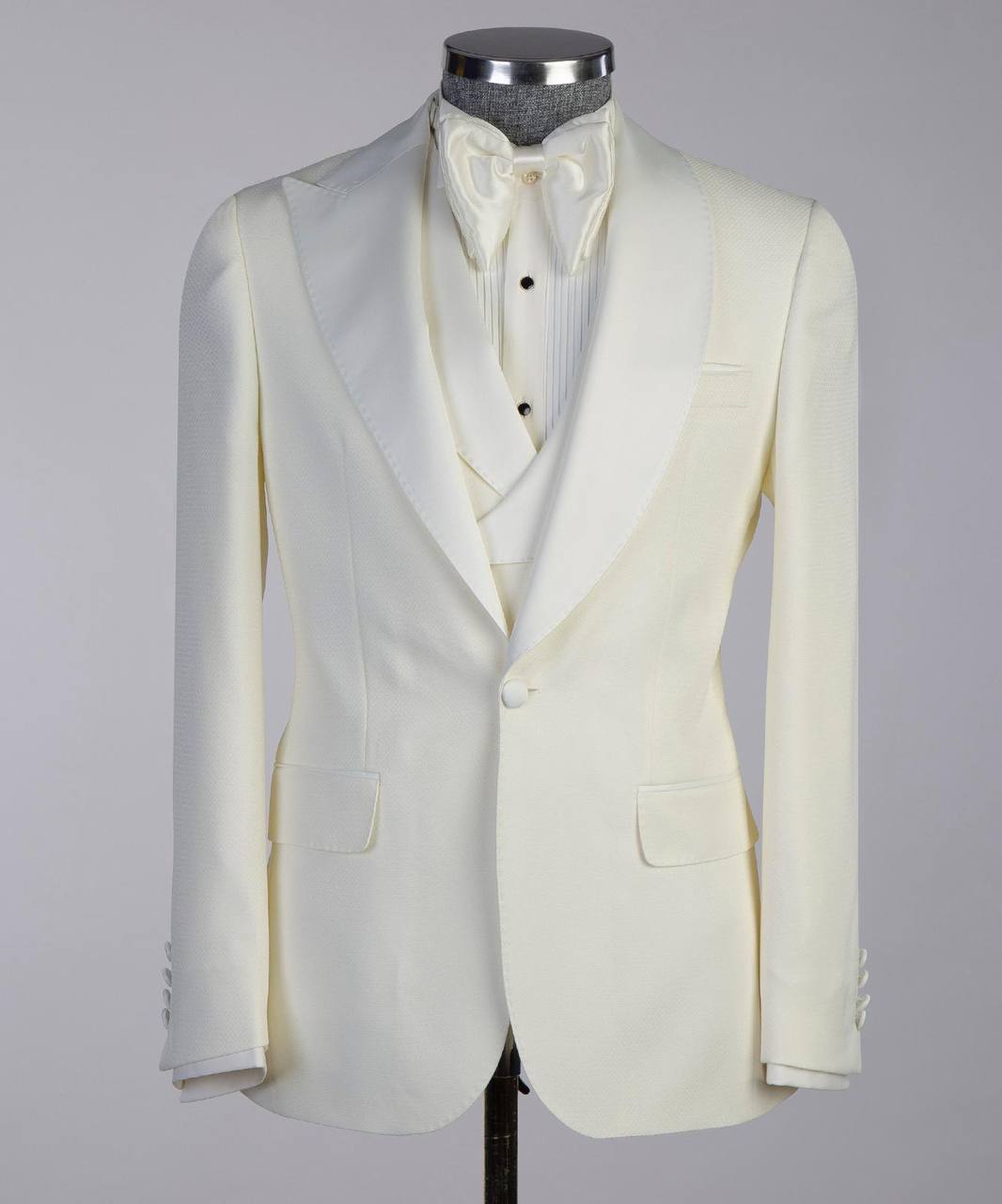 Men's Cream Tuxedo-Asymmetrical Satin Lapel