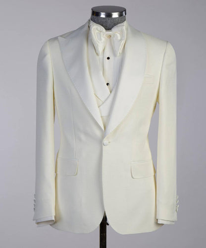 Men's Cream Tuxedo-Asymmetrical Satin Lapel