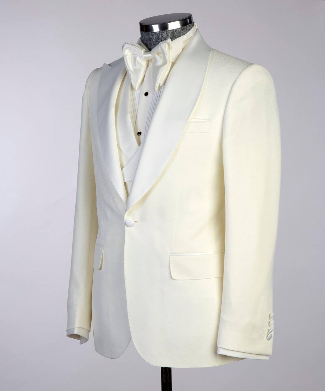 Men's Cream Tuxedo-Asymmetrical Satin Lapel