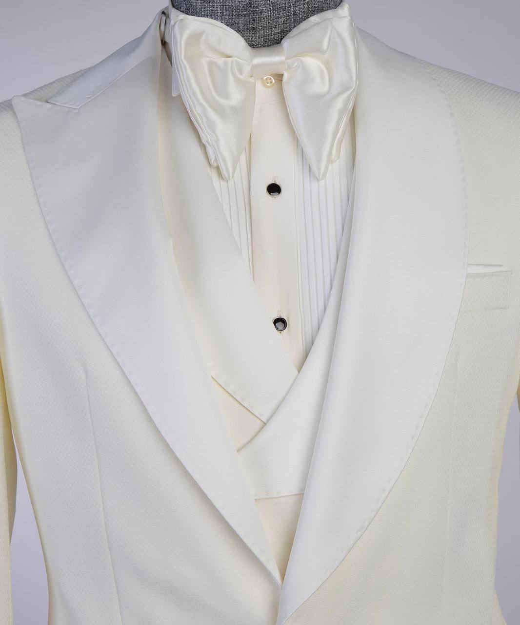 Men's Cream Tuxedo-Asymmetrical Satin Lapel