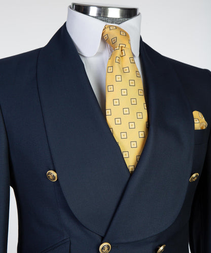 Men's 2 Piece Double Breasted Navy Tuxedo Suit Shawl Lapel