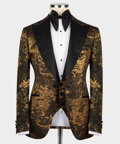 Men's Tuxedo Golden Pattern with Black Collar