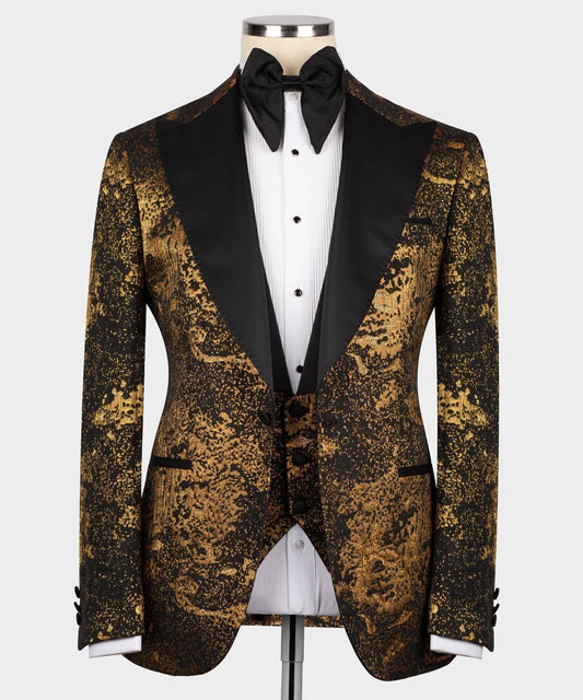 Men's Tuxedo Golden Pattern with Black Collar