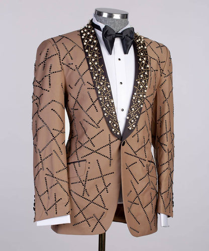 Men's 2 Piece Stone Stitched Brown Tuxedo Suit