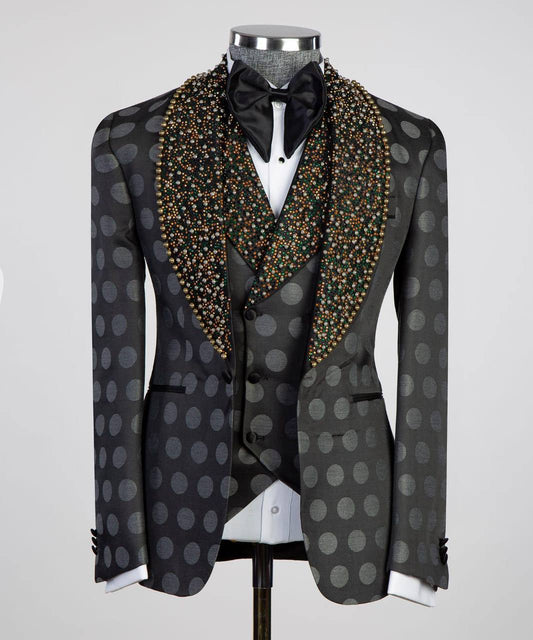 Men's 3 Piece Tuxedo Stone Detailed Collar