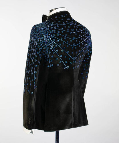 Black Velvet Tuxedo, Blue Rhinestone, Double-Breasted - SevendayShopping