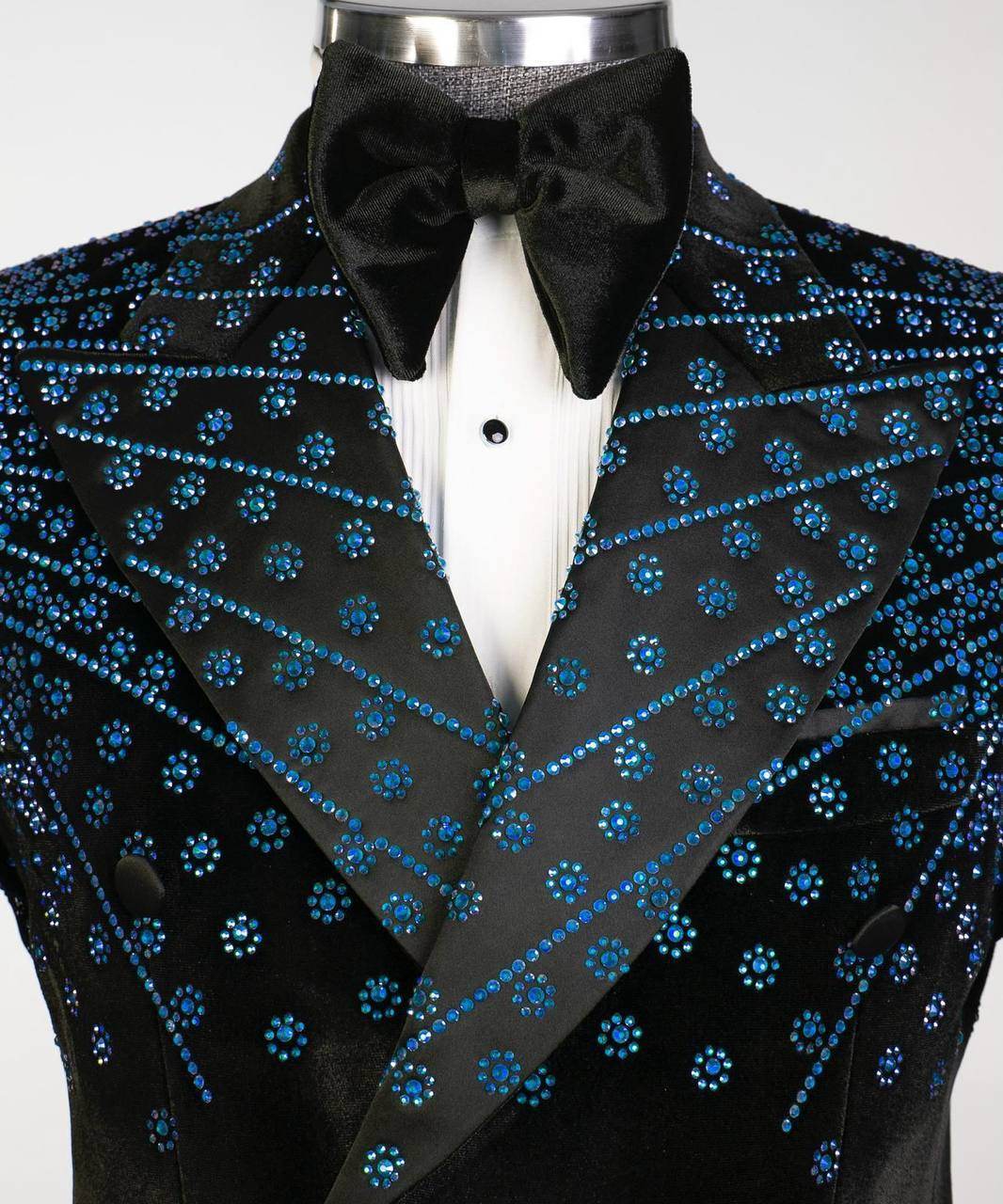 Black Velvet Tuxedo, Blue Rhinestone, Double-Breasted - SevendayShopping