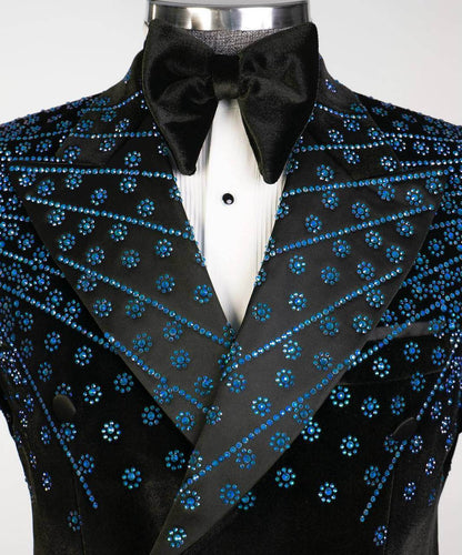 Black Velvet Tuxedo, Blue Rhinestone, Double-Breasted - SevendayShopping