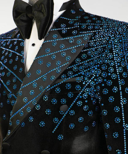 Black Velvet Tuxedo, Blue Rhinestone, Double-Breasted - SevendayShopping