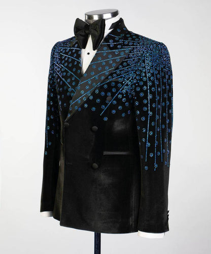 Black Velvet Tuxedo, Blue Rhinestone, Double-Breasted - SevendayShopping