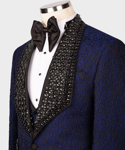 Men's 3 Piece Stone Stitched Navy/Gold Tuxedo
