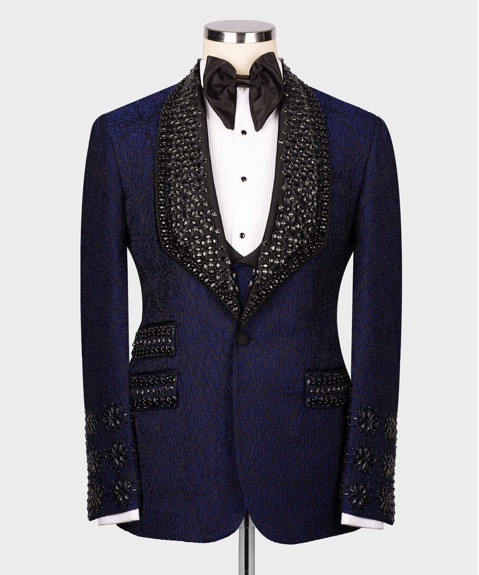 Men's 3 Piece Stone Stitched Navy/Gold Tuxedo