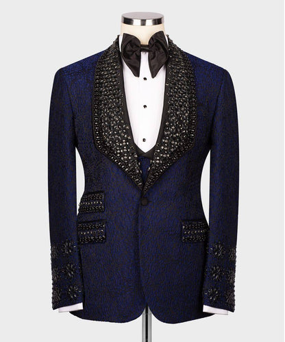 Men's 3 Piece Stone Stitched Navy/Gold Tuxedo