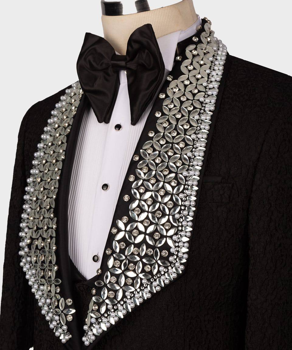 Men's 3 Piece Stone Stitched Black/Silver Tuxedo