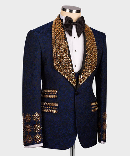 Men's 3 Piece Stone Stitched Navy/Gold Tuxedo