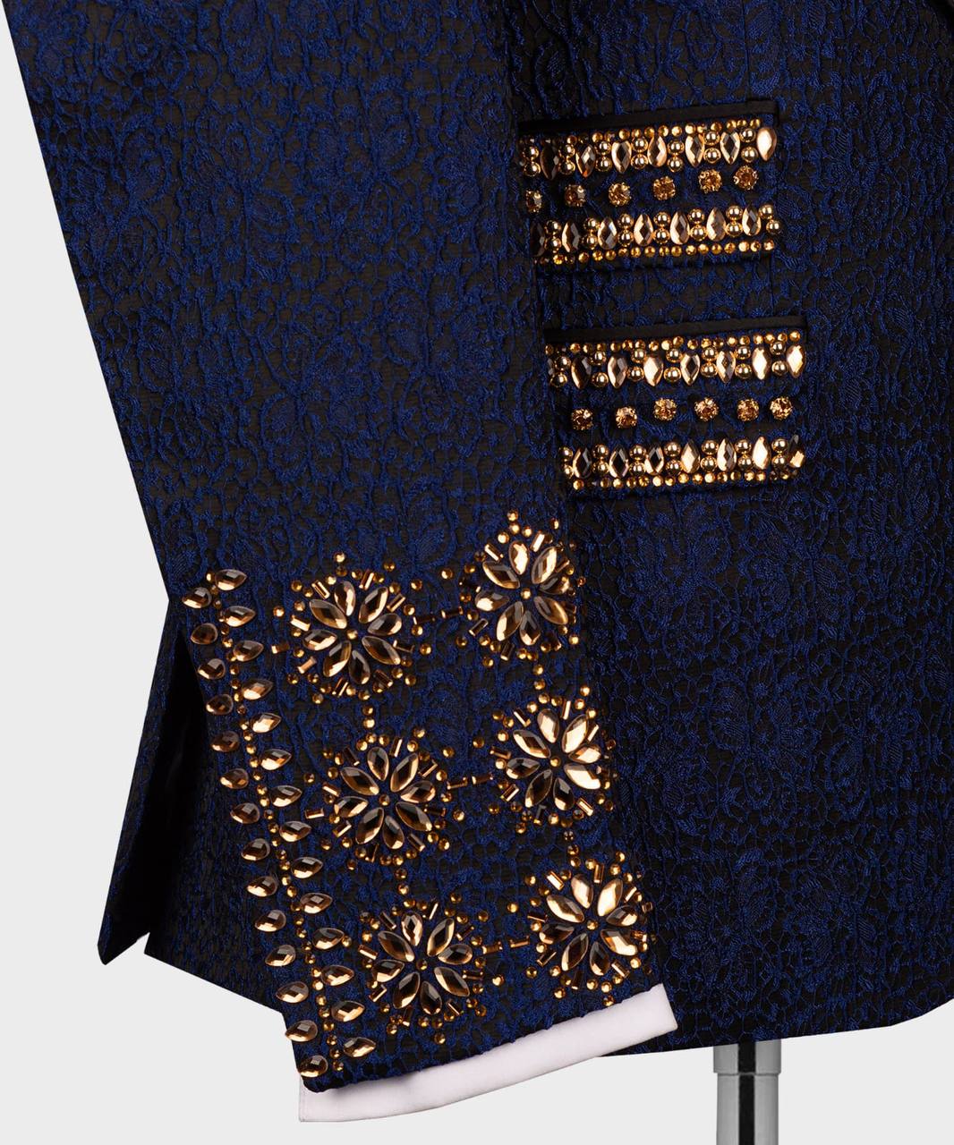 Men's 3 Piece Stone Stitched Navy/Gold Tuxedo