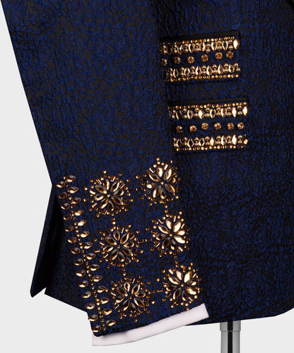 Men's 3 Piece Stone Stitched Navy/Gold Tuxedo