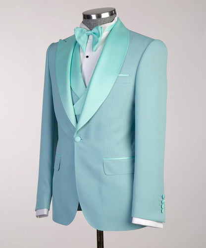 Men's Turquoise Tuxedo-Asymmetrical Satin Lapel