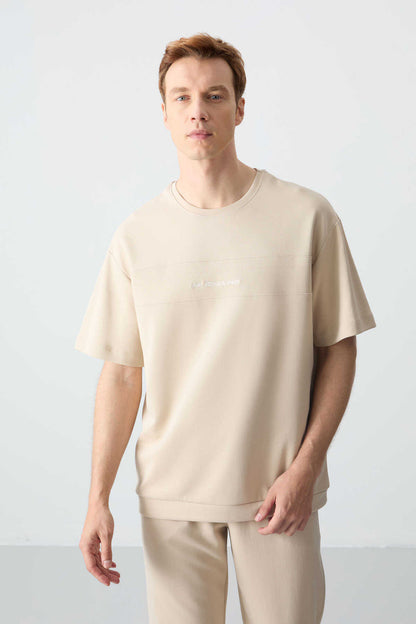 Men's-Cream-Short Sleeve-Tracksuit Set