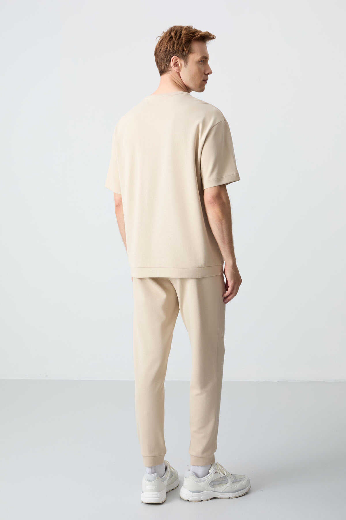 Men's-Cream-Short Sleeve-Tracksuit Set