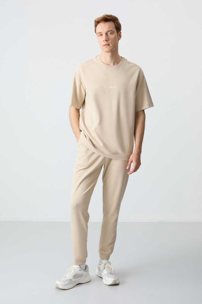 Men's-Cream-Short Sleeve-Tracksuit Set