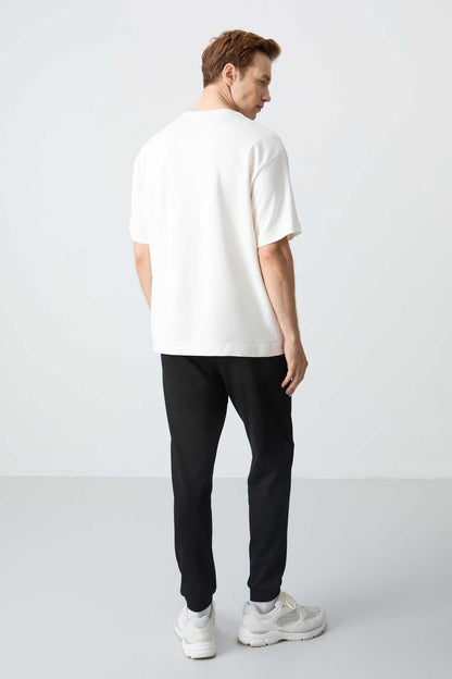 Men's-Cream-Black-Short Sleeve-Tracksuit Set