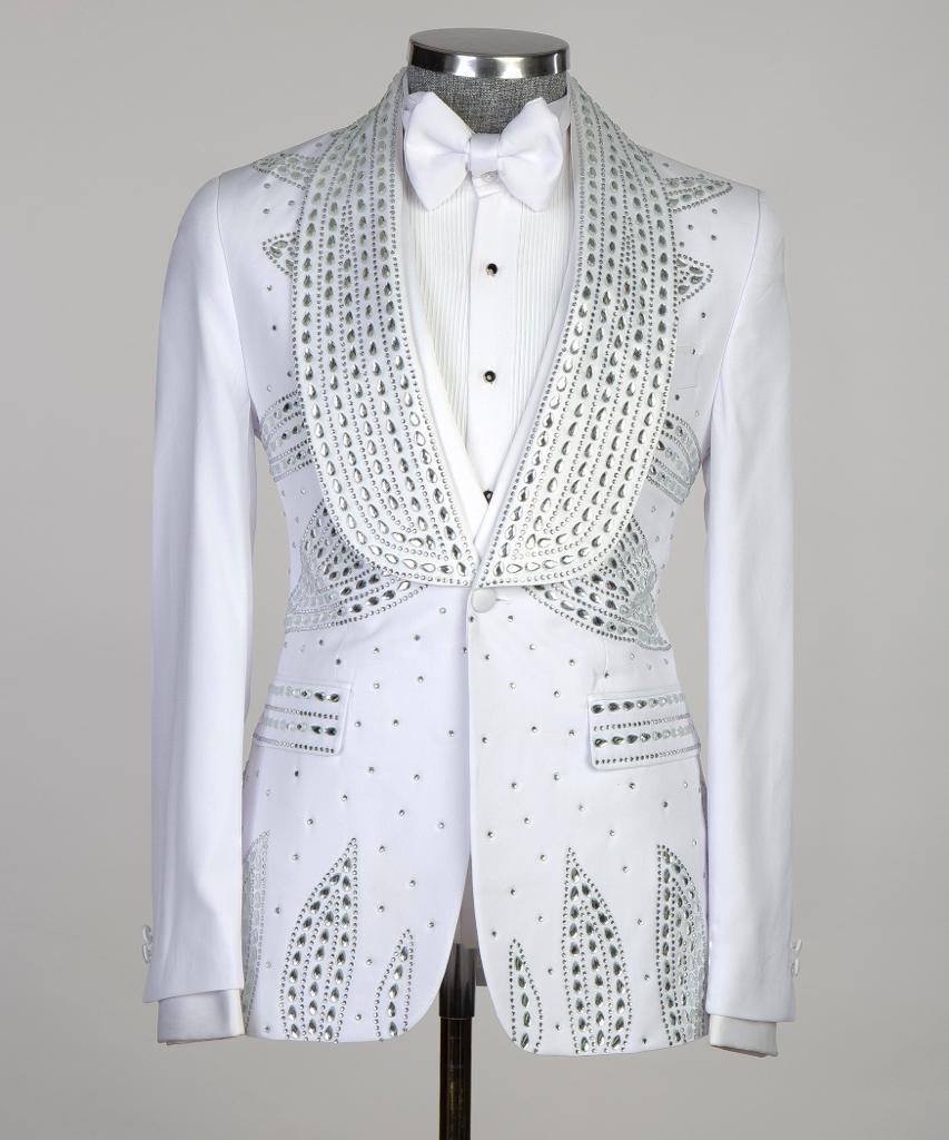 Men's 3 Piece Stone Designed White Tuxedo