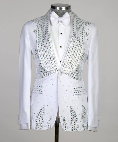Men's 3 Piece Stone Designed White Tuxedo