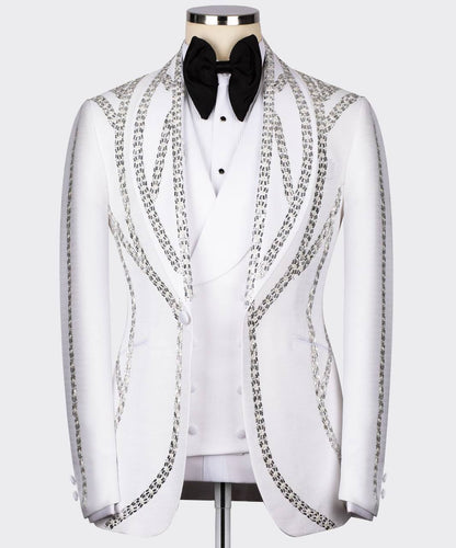 Men's White Tuxedo, Silver Gem Stoned
