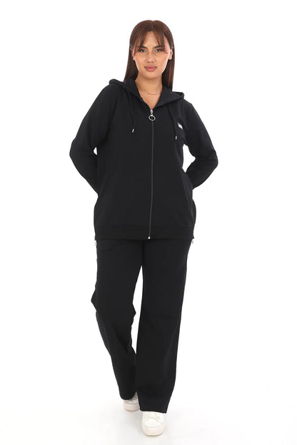 Women's Black Hooded 2-Piece Tracksuit Set